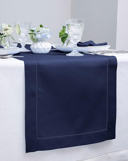 Solino Home Linen Navy Blue Table Runner 48 Inches - Classic Hemstitch, 100% Pure Linen Coffee Table Runner 14 x 48 Inch Ideal for Dresser Tables - Fall, Halloween, Thanksgiving, Christmas, Holiday