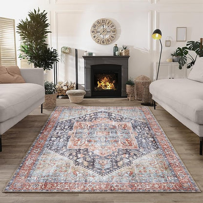 Bloom Rugs Washable Non-Slip 3' x 5' Rug - Terracotta/Blue Traditional Medallion Area Rug for Living Room, Bedroom, Dining Room, and Kitchen - Exact Size: 3' x 5'