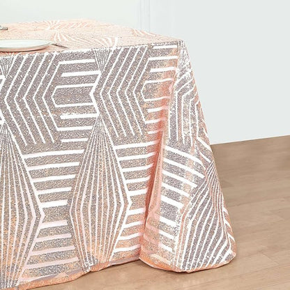 Efavormart 90"X132" Blush Rose Gold Sparkly Sequin Geometric Tulle Rectangular Tablecloth