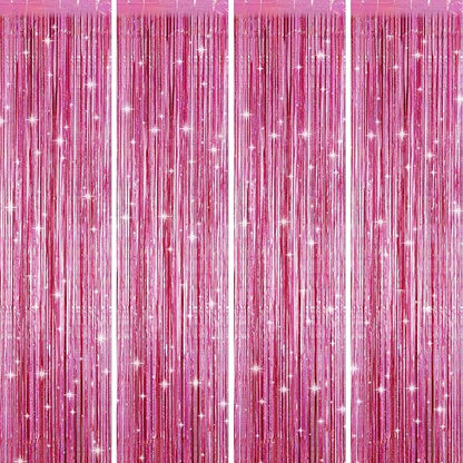 Picoway 4 Pack Pink Foil Fringe Tinsel Backdrop Curtains, Birthday Engagement Bachelorette Party Decorations, Photo Booth Props Door Streamers Curtain