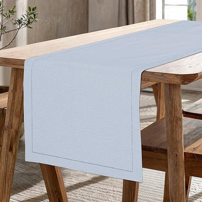 Ruvanti Linen Table Runner 90 Inches, Classic Hemstitch, Washable, Reusable, Non-Slipping, Stain Resistant- Perfect for Parties, Weddings, Dinners, Thanksgiving, Christmas, Indoor use – Arctic Ice