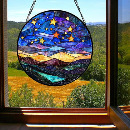 Stained Glass Window Hanging, Blue Sky Gold Stars Abstract Landscape Suncatcher for Doors Window Home Sun Catchers Decor Mother's Day Birthday Gifts for Women, Men Mom 11.8 in