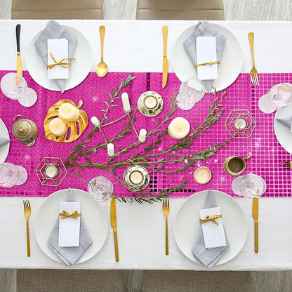 Durony 6 Pack Disco Table Runner 11 x 108 Inch Mirror Hot Pink Glitter Foil With Sparkle Sequin for Bachelorette, 70s, Cowgirl Party Decorations