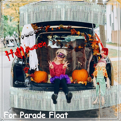 4 Pack Each 10 Feet Glitter Silver Parade Float Decorations for Trailer Car, Glitter Foil Fringe Metallic Tinsel Streamers Banner Garland for Graduation Weeding Homecoming Birthday(Glitter-Silver)