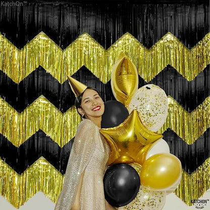 KatchOn, Black and Gold Fringe Backdrop Curtain - XtraLarge 6.6x1.7 Feet, Pack of 6 | Graduation Backdrop for Graduation Decorations 2025 | Fringe Curtain for Birthday Decorations | Prom Decorations