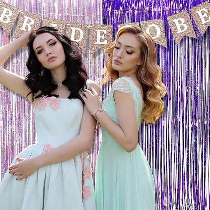 BRAVESHINE 1 Purple 1 Pink Streamers Party Photo Backdrop - 3.2 ft x 8.2 ft Metallic Tinsel Foil Fringe Curtains for Valentine’s Day/Women Birthdays/Engagement/Bridal Shower/Bachelorette Decorations