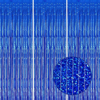 3 Pack Foil Fringe Backdrop - Laser Royal Blue Shiny Tinsel Curtains for Party Decoration/Photo Booth Props - 3.3x8.2 FT Metallic Foil Backdrop for Birthday, Wedding, Graduation, Christmas