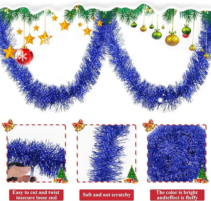 32.8 Ft Blue Christmas Tinsel Garland Metallic Shiny Tassle Banner Wall Hanging Tinsel Streamers Backdrop for Christmas Holiday Birthday Party Supplies Indoor Outdoor Ornaments Home Decor