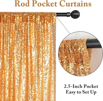 ShinyBeauty Gold Sequin Curtains 4 Panels Golden Backdrop Photo Backdrops Shimmer Background Birthday Party Weeding Decor Glitter Fabric Curtain (2FTx8FT)