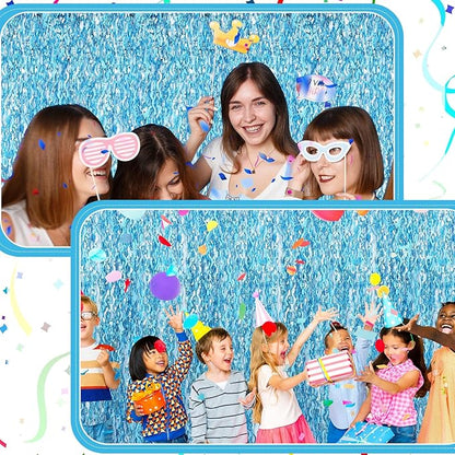 Jutom 6 Pieces 3.3 x 6.6 ft Wavy Tinsel Foil Fringe Curtains Foil Fringe Streamer Backdrop Party Curtain for Sea Mermaid Baby Shower Birthday Party Decoration(Light Blue)
