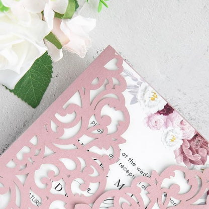 20Pcs Dusty Rose Laser Cut Invitation Cards With Blank Inner Sheets for Wedding Cards Bridal Shower Engagement Quinceanera Invitation (No Envelopes)