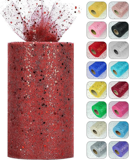 Glitter Tulle Rolls, 6” by 50 Yards (150FT) Sparkling Tulle Spool Ribbon Sequin Tulle Netting Fabric for Tutu Skirt Wedding Birthday Baby Shower (Burgundy)