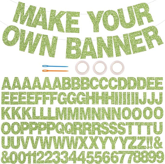 BEISHIDA 116 PCS Glitter Grass green DIY Letter Banner Kit Make Your Own Banner，Including 111 Letters and Numbers 3 Rope and 9 Threading Device,Customized for Birthday Graduation Wedding Party Decor