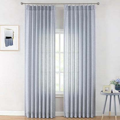 Vision Home Chambray Blue Pinch Pleated Semi Sheer Curtains Textured Light Filtering Window Curtains 95 inch for Living Room Bedroom Rayon Blended Blue Pinch Pleat Drapes with Hooks 2 Panels 40"Wx95"L