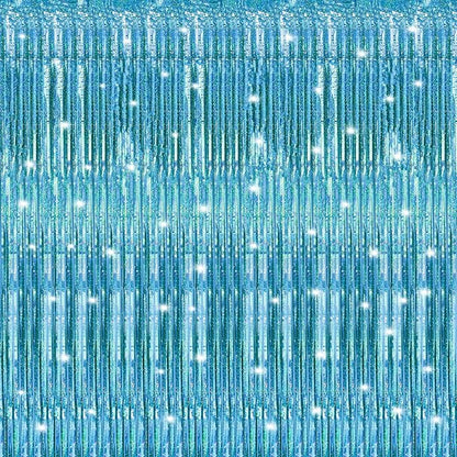Crosize 2 Pack 3.3 x 9.9 ft Laser Blue Foil Fringe Curtains Party Decorations, Tinsel Curtain Backdrop for Parties, Door Streamers, Glitter Streamer Backdrop for Birthday Decoration