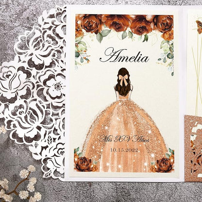 DORIS HOME 50pcs Laser Cut Quinceanera Invitations Terracotta Glitter, 4.7x7.1 Personalized Quince Invitations for 15th Birthday, Invitation cards for Sweet 16 with Envelopes