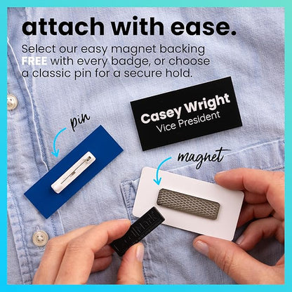 ExcelMark Custom Name Tag - Engraved Name Badge with Pin or Magnetic Backing, 16 Colors, 6 Fonts, and 2 Sizes to Choose from (Walnut w/White Letters, 1.5"x 3")