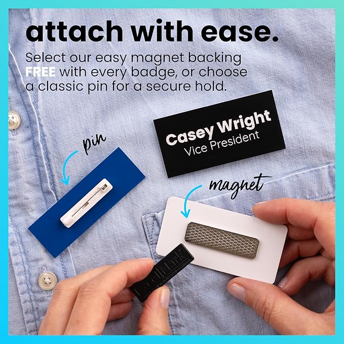 ExcelMark Custom Name Tag - Engraved Name Badge with Pin or Magnetic Backing, 16 Colors, 6 Fonts, and 2 Sizes to Choose from (White w/Blue Letters, 1"x 3")