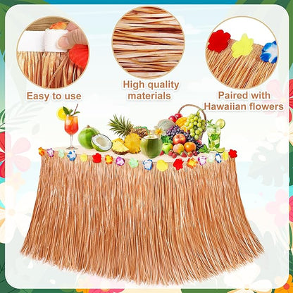 Hawaiian Themed Party Decorations, 2PCS Luau Party Table Skirt Decorations, 108 X 29.5" Table Skirt Flower Tropical Hula Dance Parties Supplies, Grass Table Skirt for Summer Beach Themed Party