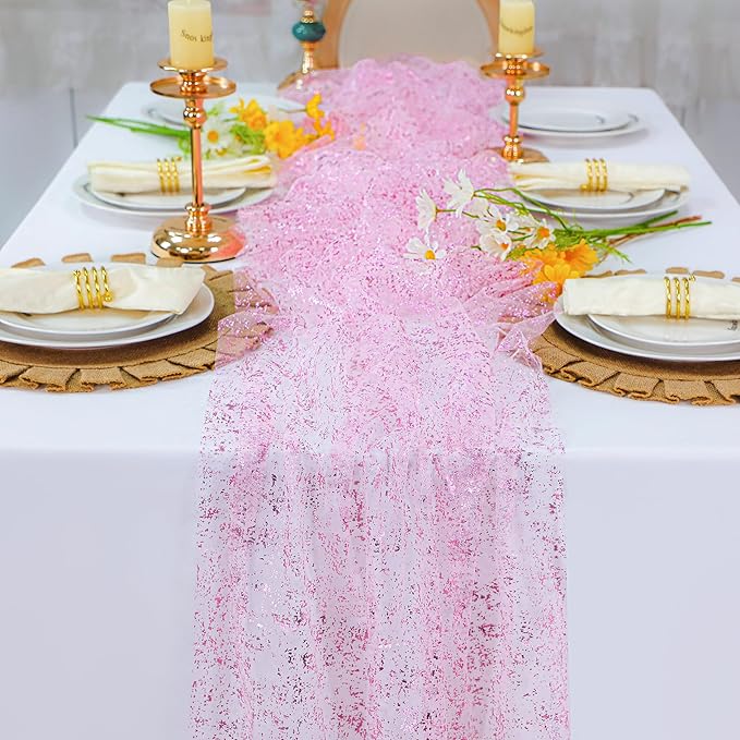 Snowkingdom 10 FT Pink Table Runner, Sequin Glitter Sheer Chiffon Gauze Cheesecloth Pastel Runner 120 Inch , Pink Party Table Decoration for Birthday Wedding Bridal Baby Shower Spring Summer Holiday