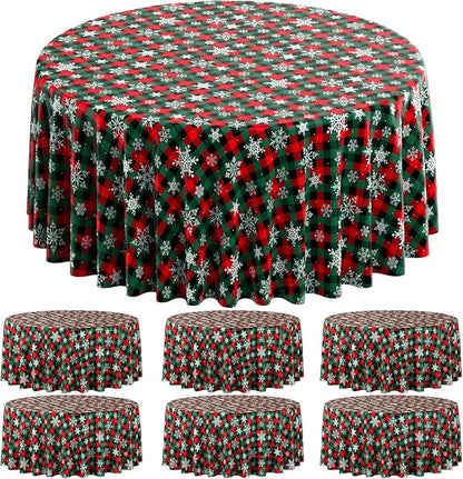 Jectivs 6Pcs Christmas Buffalo Plaid Snowflake Party Tablecloths Decorations,Plastic Red and Green Checkered Round Table Cover for Winter Christmas New Year Birthday Holiday Party Decorations,84 inch