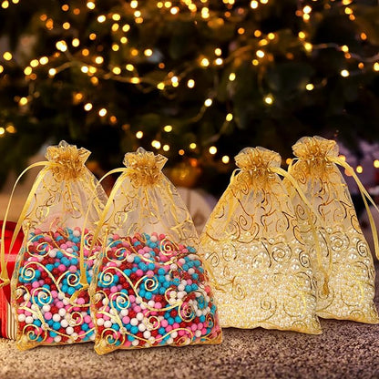 Staruby Organza Gift Bags 50 Pcs Gold Sheer Organza Bag 6x8 Inch Mesh Favor Bags Drawstring Jewelry Rattan Printed Gift Pouches for Wedding Party Favors Couple Shower Christmas Gifts Candy Bags