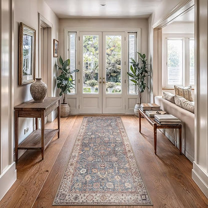 Bloom Rugs Washable Non-Slip 10 ft Runner - Beige/Blue Traditional Bordered Runner for Entryway, Hallway, Bathroom, and Kitchen - Exact Size: 2.5' x 10'