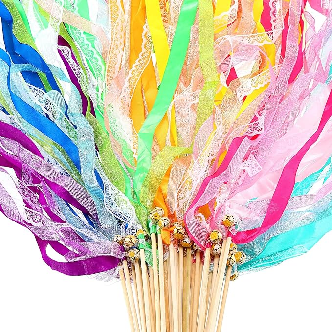 40 Pieces Ribbon Wedding Streamers with Bells, Lace Fairy Stick Wand Party Streamers Chromatic Silk Streamers for Party, Birthday and Holiday