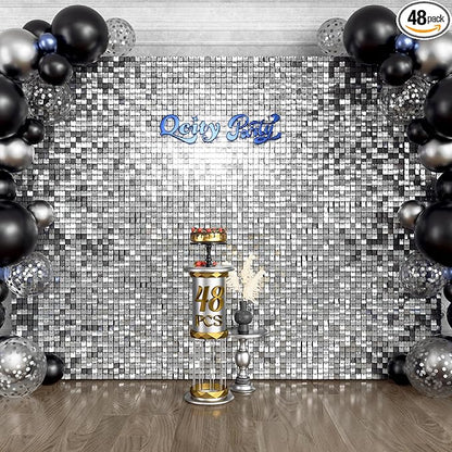 Qcity Silver Shimmer Wall Backdrop 48PCS, Black Back Not See-Through Design, Square Sequin Glitter Backdrop Panel, Perfect for Outdoor Events, Birthdays, Wedding and Party Decoration