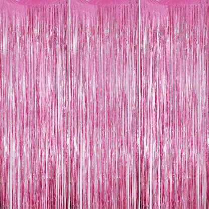 3 Pack Foil Fringe Backdrop - Pink Shiny Tinsel Curtains for Party Decoration/Photo Booth Props - 3.3x8.2 FT Metallic Foil Backdrop for Birthday, Wedding, Graduation, Christmas.