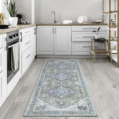 Bloom Rugs Washable Non-Slip 12 ft Runner - Green/Blue Traditional Medallion Runner for Entryway, Hallway, Bathroom, and Kitchen - Exact Size: 2.5' x 12'