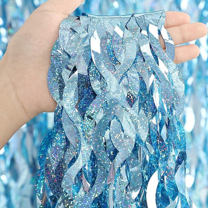 3 Pack 3.3 ft x 6.6 ft Tinsel Foil Fringe Curtain Blue - Foil Fringe Backdrop Wall Curtains for Baby Shower,Mermaid,Under The Sea,Ocean,Frozen Party Decorations