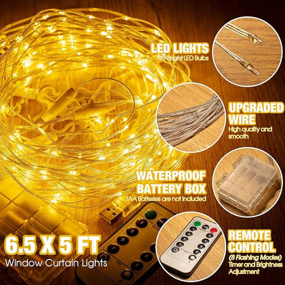 Curtain Window String Lights 6.5 x 5 Feet LED Copper Tapestry Backdrop Twinkle Fairy Lights Battery Operated 8 Modes Lights Remote Control USB Powered Light Above Bed for Wedding Party