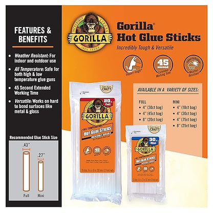 Gorilla Hot Glue Sticks, Clear Glue, Mini Size 4" Long x 0.27" Diameter, 30 Count (Pack of 12) - Safe for All Temperatures with Extended Working Time