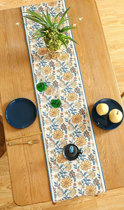 ISAENNE Designer Bohemian Elegant Linen Extra Long Table Runner 118 Inches,Floral Pattern Duable Decor Table Runners for Dining Tables,Thanksgiving,Kitchen Tables,Christmas,12"*118"-Estevan B