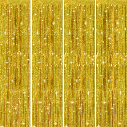 Picoway 4 Pack Gold Foil Fringe Tinsel Backdrop Curtains, Birthday Engagement Bachelorette Party Decorations, Photo Booth Props Door Streamers Curtain