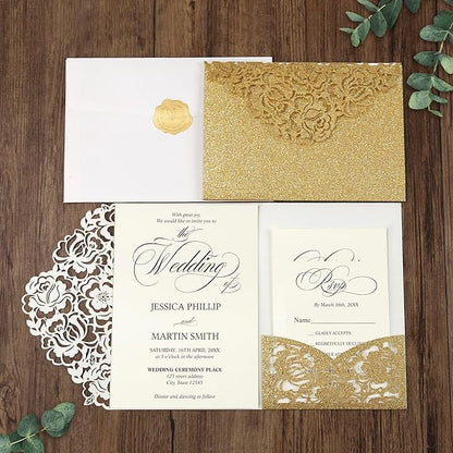 DORIS HOME 50pcs Laser Cut Wedding Invitation Pockets with Envelopes Gold Glitter, 5.12" x 7.12"Invitation Cards for Wedding, Anniversary (No Inserts Included)