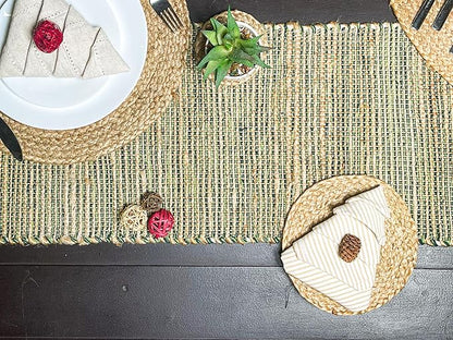 Chardin home Natural Jute Table Runner 13x36 Inch – Vintage Boho Rustic Table Decor – Handwoven Table Runner in Natural Jute and Green – Farmhouse Dining or Console Table Accent