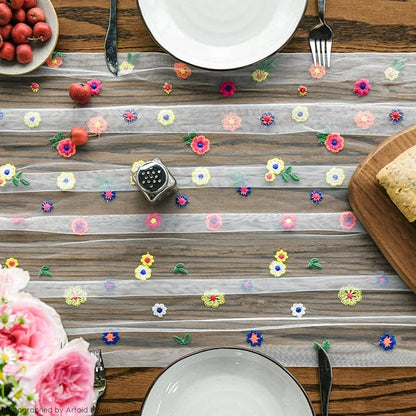 Artoid Mode 3PCS Embroidery Daisy Gauze Table Runner 120 Inch 10FT, Seasonal Sheer Kitchen Dining Holiday Wedding Birthday Table Decor for Home Party