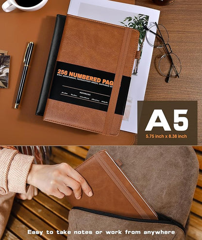 Lined Journal Notebook for Women Men, 256 Numbered Pages Hardcover Leather Journals for Writing, A5 Journaling Notebooks, College Ruled Journal for Business Work School 5.75" x 8.38" Light Brown