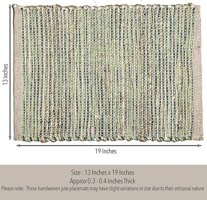 Chardin Home Natural Jute & Green Placemats, Set of 4 – Rustic Handmade Boho Table Mats, 13x19 Inch Dining Table Placemats for Kitchen, Everyday Meals, Holidays, Farmhouse or Modern Table Décor