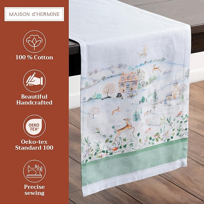 Maison d' Hermine Table Runner 100% Cotton Single Layer Table Runners 108 inches Long for Thanksgiving Christmas Decorations Home Kitchen Dining Party Wedding (Snowy World, 14.5" x 108")