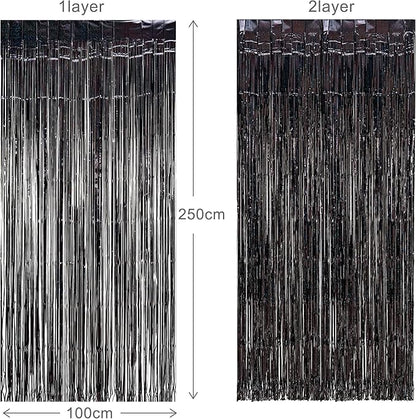 Black Tinsel Curtain Party Backdrop - GREATRIL Party Streamers Backdrop Foil Fringe Curtains for Birthdays/Wizard Halloween Decorations - 1m x 2.5m - Pack of 2