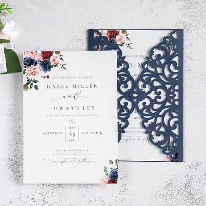 20Pcs Navy Blue Laser Cut Invitation Cards With Blank Inner Sheets for Wedding Cards Bridal Shower Engagement Quinceanera Invitation (No Envelopes)