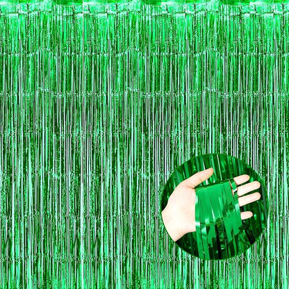 4 Pack Green Foil Fringe Curtain Backdrop, 3.28Ft x 8.2Ft Metallic Tinsel Foil Fringe Streamer Curtains for Photo Booth Props Decor Party Supplies