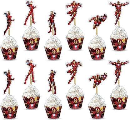 "Irn Man Cupcake Wrapper – Theme Birthday Party Supplies – Cartoon Inspired Cupcake Decoration Wraps for Birthday, Baby Shower, School Events, and Themed Parties"