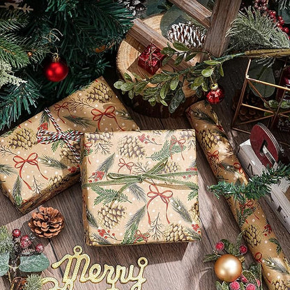 RUSPEPA Kraft Christmas Wrapping Paper Roll, Mini Roll, Pinecone and Greenery Design with Red Bow and Snowflake, Kraft Gift Wrap Paper for Christmas, Holiday, Winter Party, 17 Inches x 16.4 Feet
