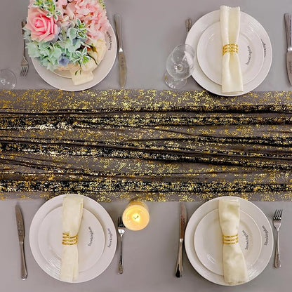 Snowkingdom Black and Gold Cheesecloth Table Runner 10 FT, Sheer Chiffon Sparkle Gauze Mesh Runners 120 Inch, Glitter Table Centerpieces Decoration for Birthday Party Wedding Christmas Halloween
