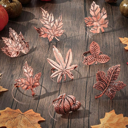 Remerry 8 Pcs Thanksgiving Napkin Ring Harvest Fall Leaf Pumpkin Holders Retro Alloy Metal Napkin Ring Buckle for Thanksgiving Wedding Table Supplies(Leaf and Pumpkin)