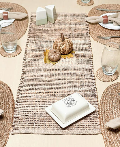 Chardin home Natural Jute Table Runner 13x36 Inch – Vintage Boho Rustic Table Decor – Handwoven Table Runner in Natural Jute and Brown – Farmhouse Dining or Console Table Accent